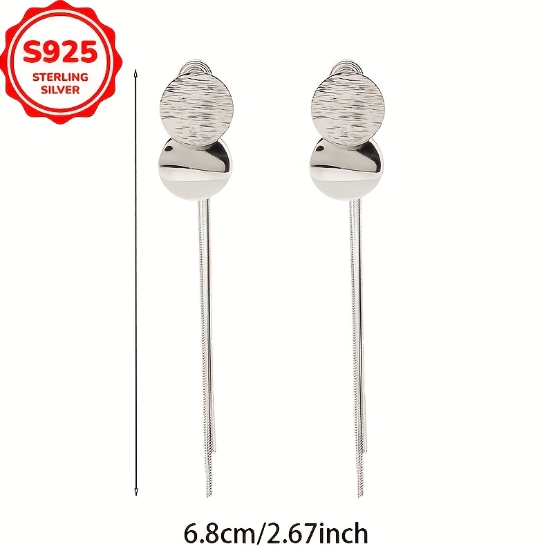 Women's 925 Silver Round Disc Long Tassel Stud Earrings