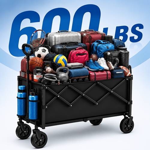 for sports equipment transporter with 360 degree all terrain 600 450lbs capacity foldable wagon cart heavy duty utility wagon for sports equipment shopping camping and garden black