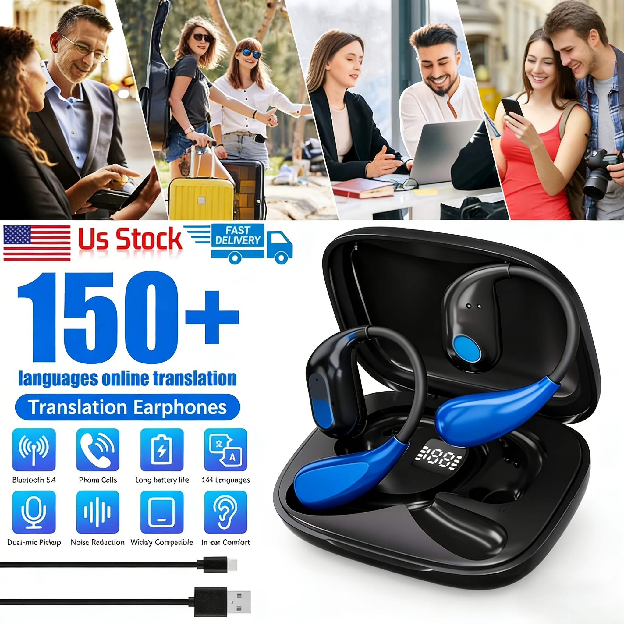 TEMU Real-time Translator Earbuds - 158 Language Ai Translation Headset With Free Subscription App Support, Enc Noise Cancelling & 10h Playtime For