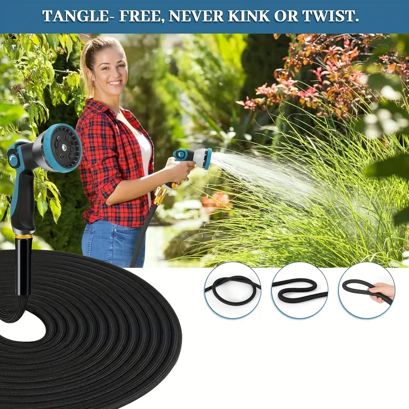 100ft 50ft non expandable garden hose innovative anti kink technology kink free flexible water hose with 10 pattern spray nozzle 3 4 brass connectors leak proof non hose covering fabric for lawn yard car washing and outdoor use Product details 5