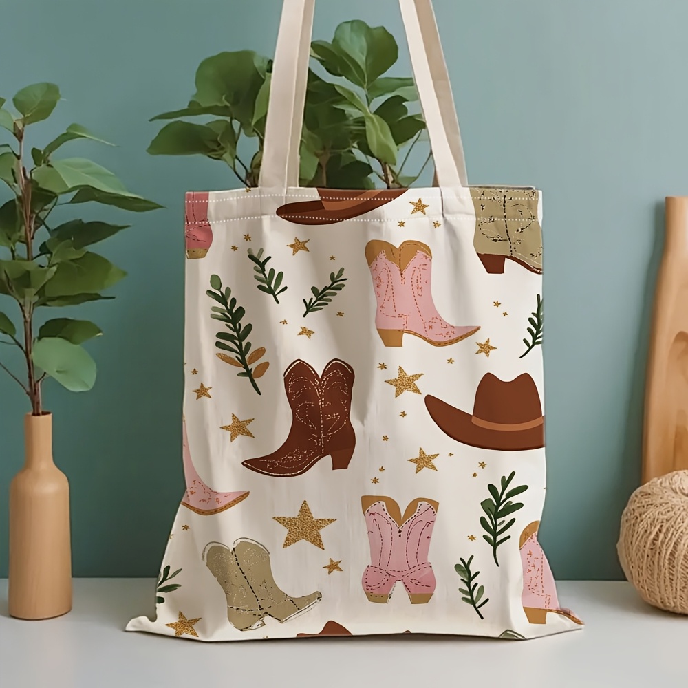 TEMU Boho Western Print Tote Bag, Cute Cowboy Boots, Hats And Pattern, Lightweight Everyday Shoulder Bag For Casual And Festival