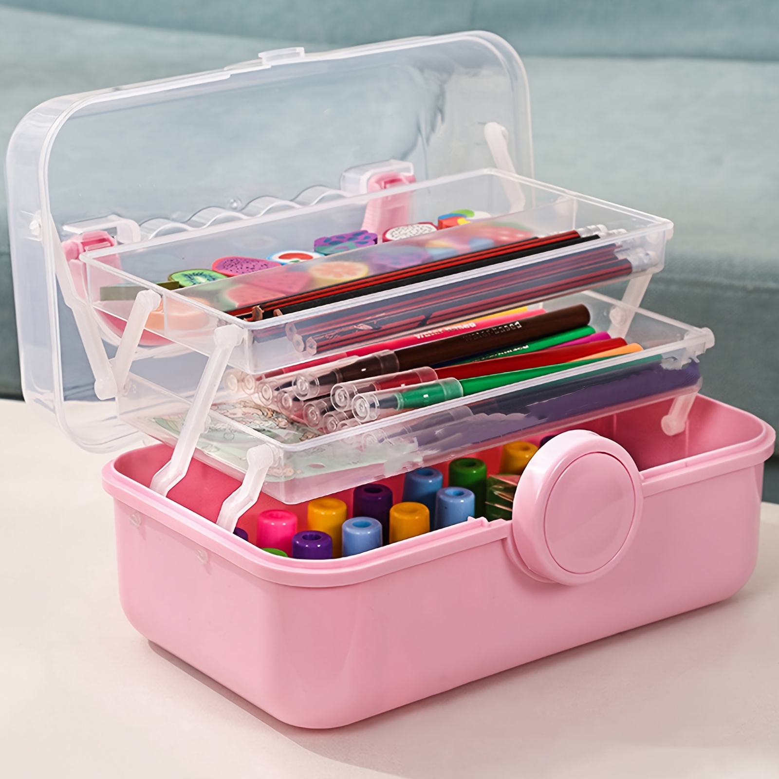 Clear Craft and Sewing Supplies Bin with Detachable Tray and Top Lid Flap, Arts & Crafts Container Organizer Box