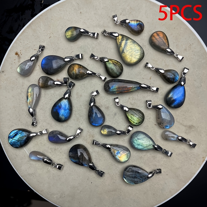TEMU 5pcs Natural Stone Pendant, Labradorite Teardrop Pendant Water Drop Gemstone With Shine, Colorful Flash For Jewelry Making, Diy Necklace,