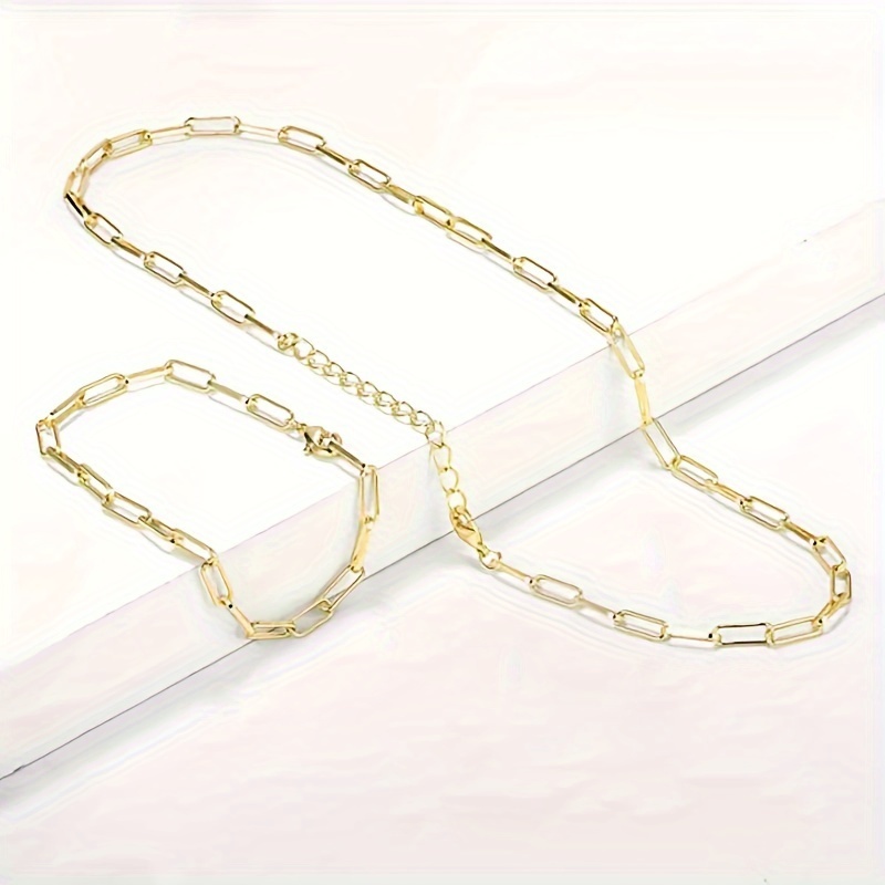 

Elegant Golden 3mm Stainless Steel Rectangular Link Chain Necklace And Bracelet Set For Women, Cute Style Jewelry Set