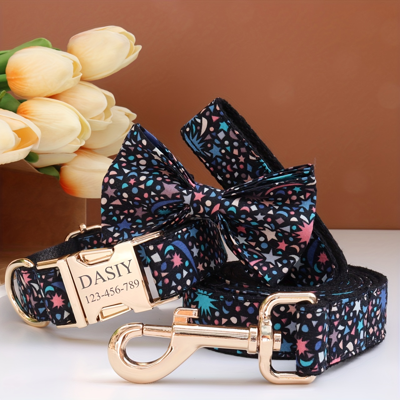 Custom Pastel Dog Collar and Leash Set with Bow