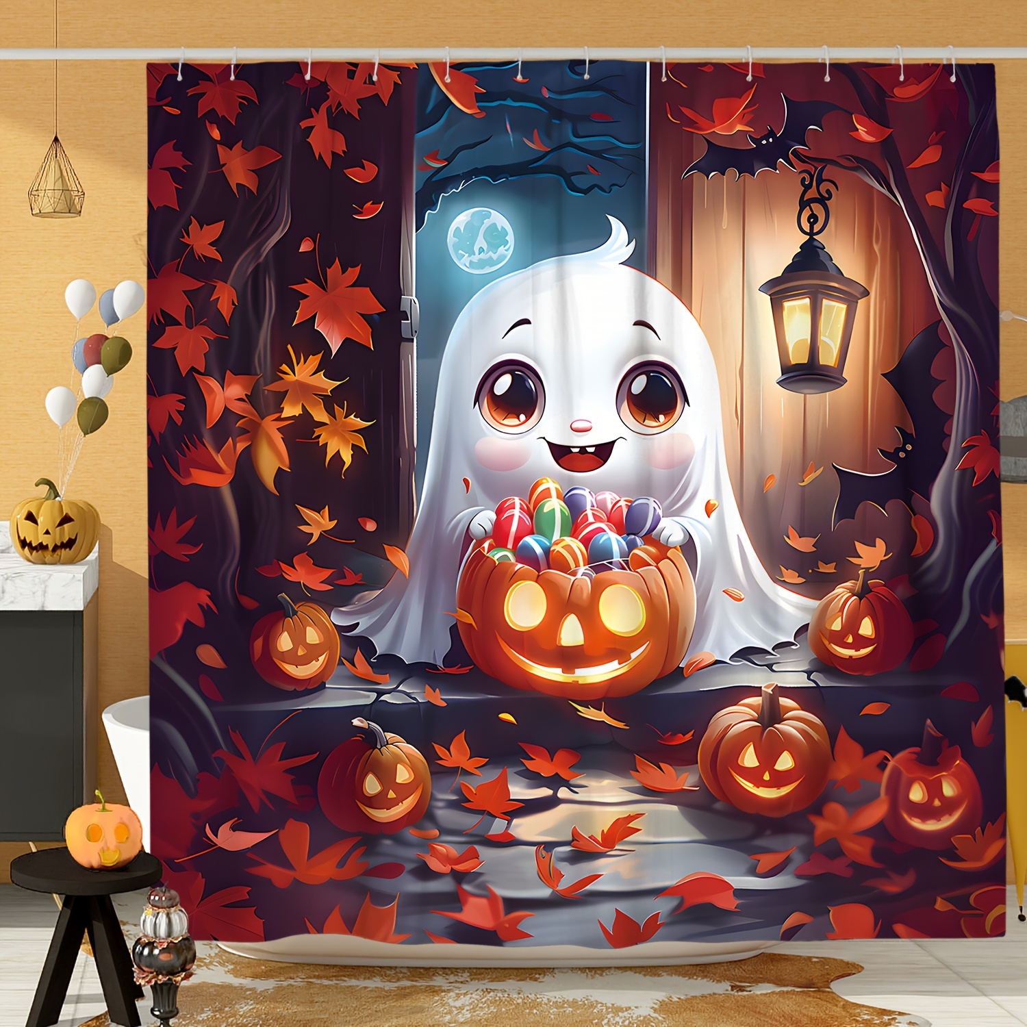 

Halloween-themed Shower Curtain Set - Cute Ghost & Pumpkin Design, Waterproof Polyester, 71x71 Inches, Includes 12 Hooks, Machine Washable - Perfect For Spooky Bathroom Decor