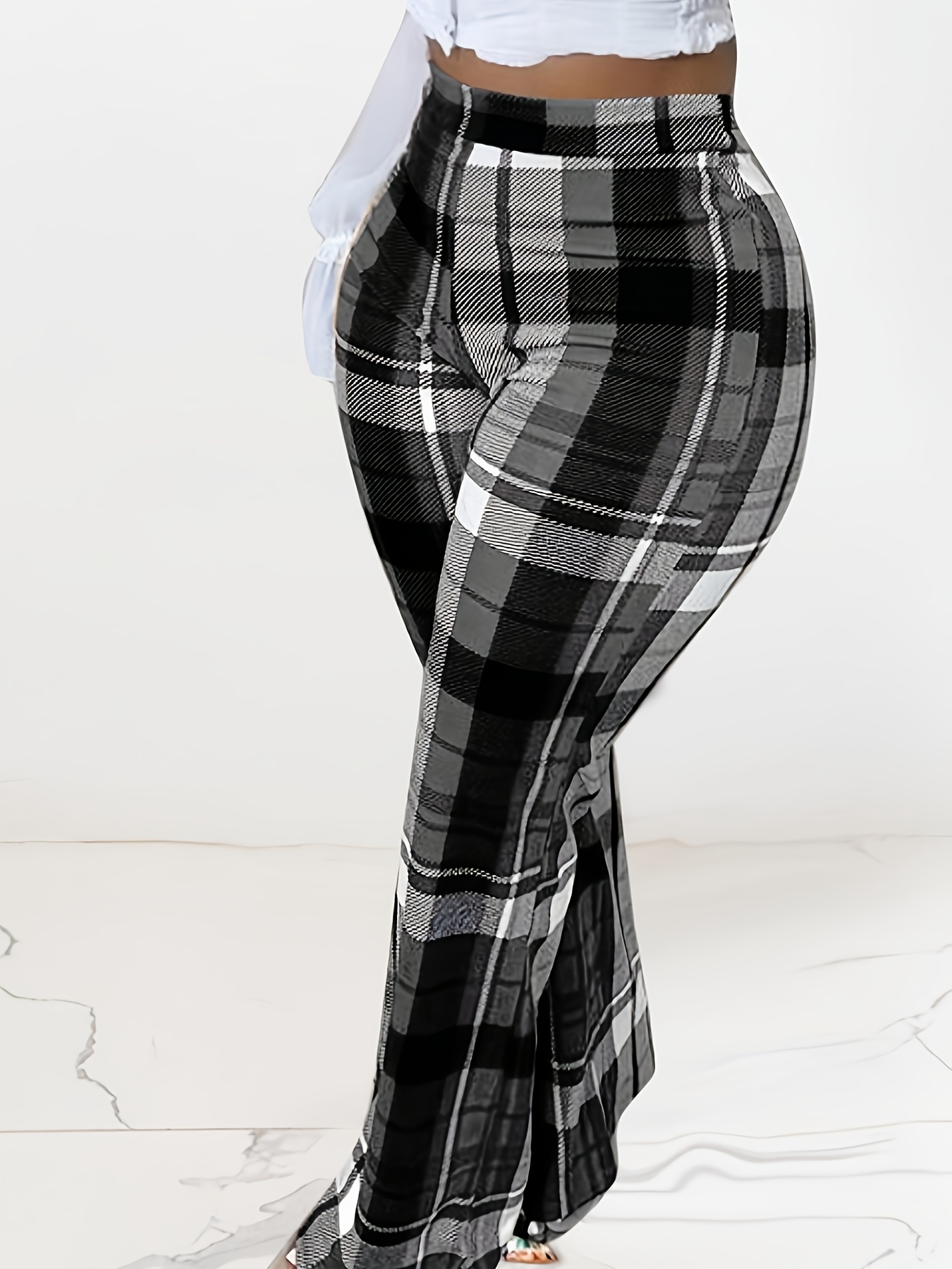 Plus Size, Women's Plus Size Oversized Plaid Wide-Leg Pants - Elastic Waist Straight Tube Trousers, All-Season Casual Streetwear with Grid Pattern, Machine Washable (Comfortable Loose Fit for Jeans/Skirts) - European Style for Fall/Winter & Year