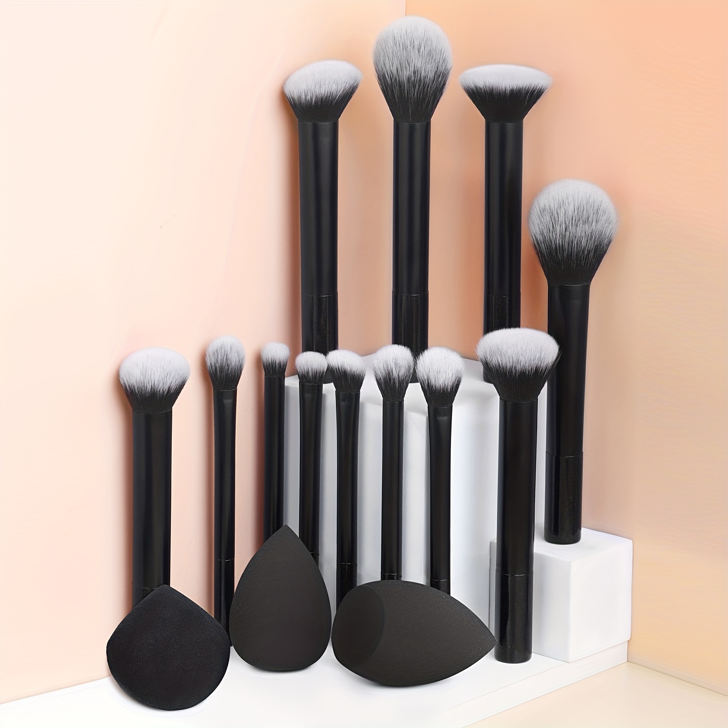 TEMU 12-piece Professional Makeup Brush Set With Nylon Bristles, Includes Palm Brushes & 2 Sponges (angled & Teardrop) + 1 Powder Puff, Types, Unscented Abs Plastic Handle Makeup Tools Kit