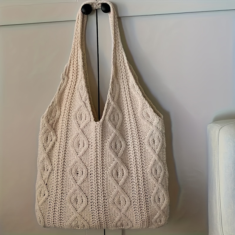 

Hand-knitted Single Shoulder Bag For Women, Rustic Boho Style Tote Bag, Retro Solid Color Shopping Bag, Travel Beach Bag