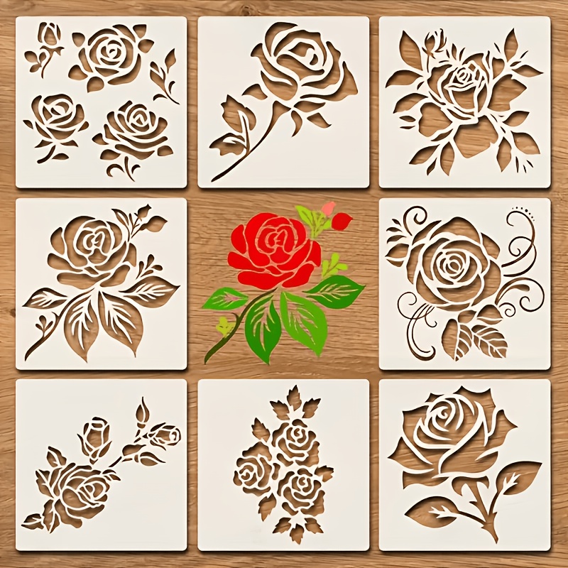 TEMU Ensemble de Pochoirs à Peinture Rose - 8 Pochoirs en PET Lavables et Réutilisables pour Murales DIY, Décoration de Scrapbook, Embellissement