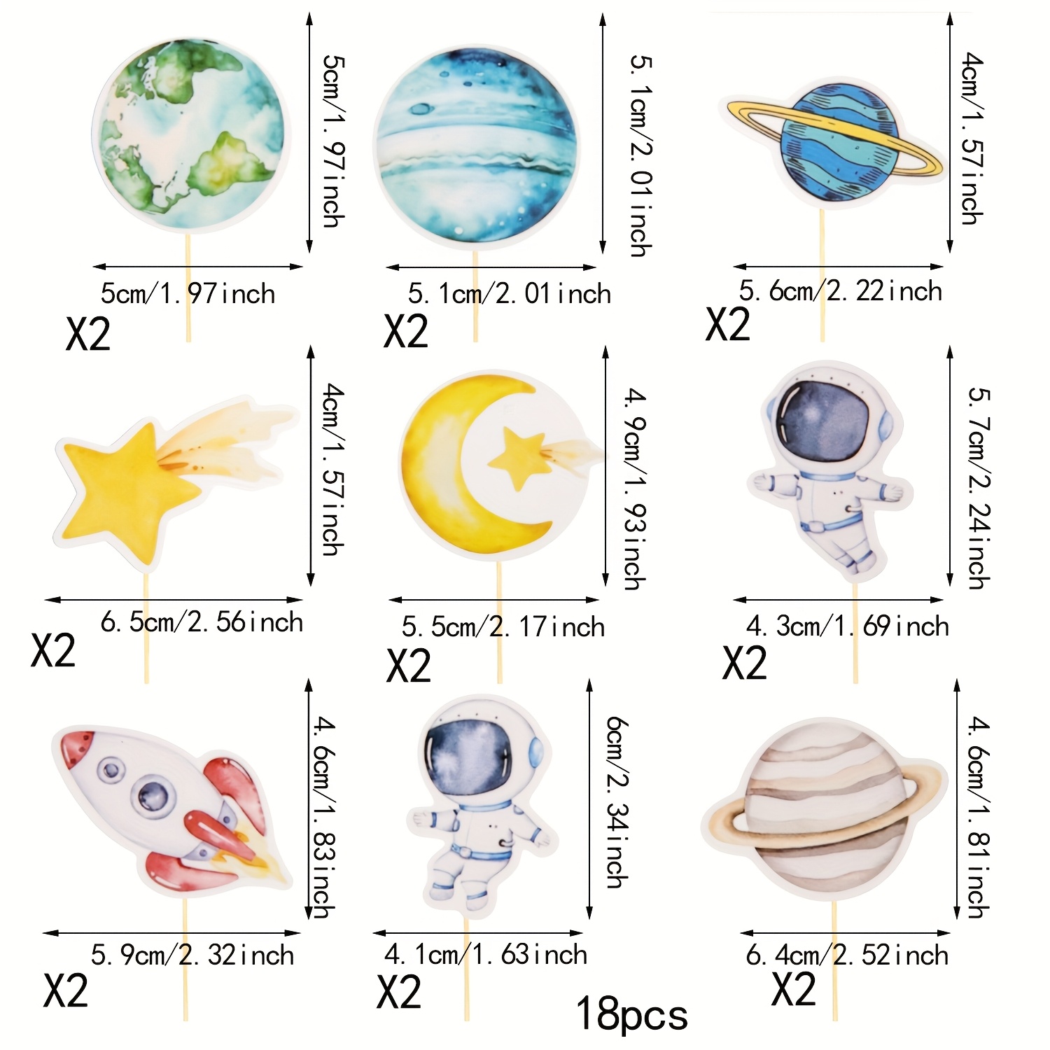 E-shop 18 Stück Blaue Weltraum-Astronauten-Cupcake-Topper - Planeten, Raketen, Teleskop- & Mond-Landungsdesigns - für junge