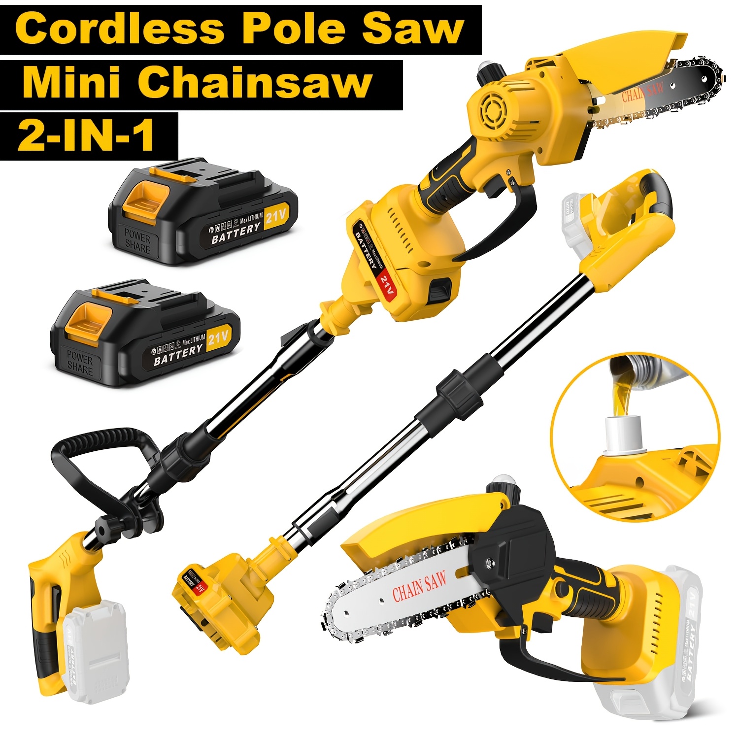 

2-in-1 Cordless Pole Saw & Mini Chainsaw, 2pcs 21v 2.0a Battery With Charge, 6 Inch Electric Pole Chainsaw, Lightweight, Pole Saw For Tree Trimming