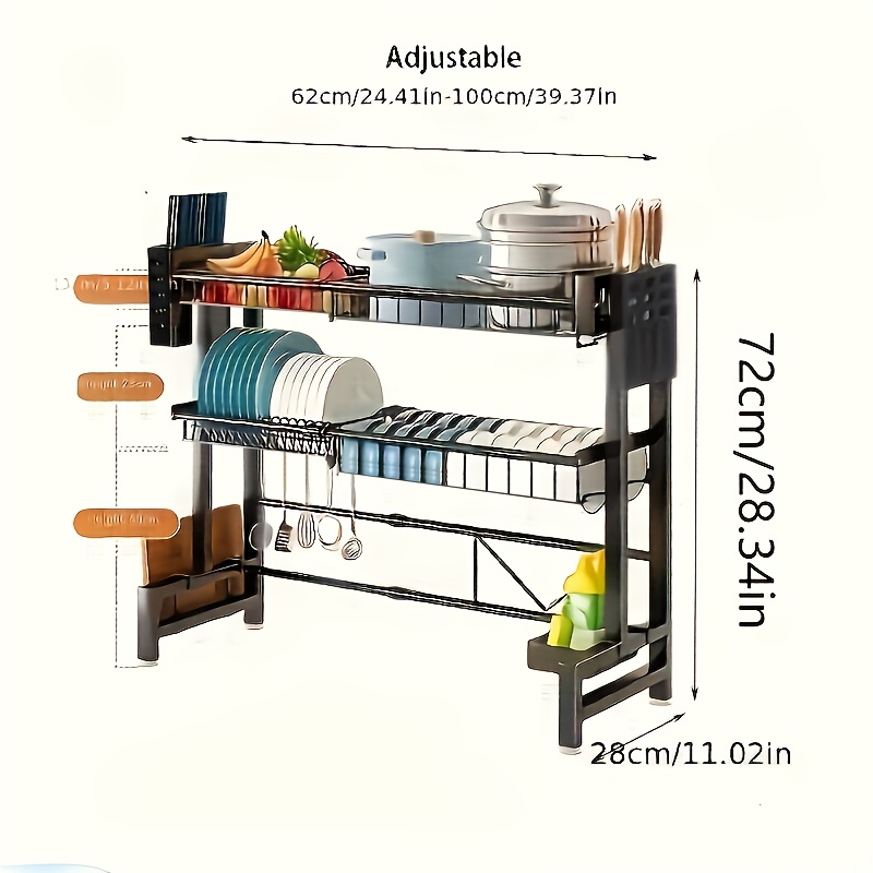 TEMU Égouttoir à vaisselle extensible à 2 niveaux LDQ sur évier - Organisateur de cuisine réglable en métal noir avec porte-ustensiles, planche à