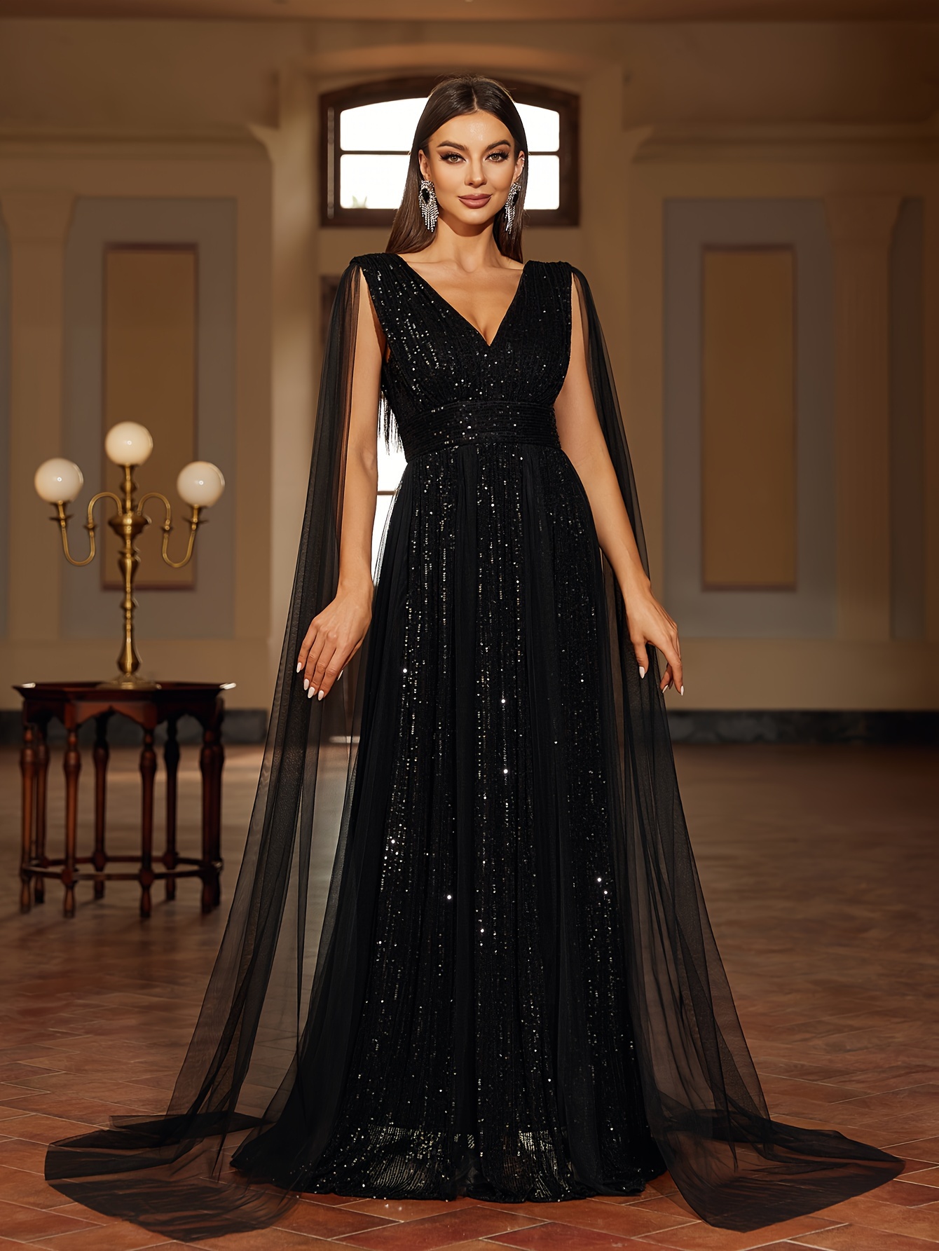 black sequin dress wedding guest Black Sequin Ball Gown with Embellished Bodice  Champagne Dress for Wedding Guest Plus Size Size 28W / Black