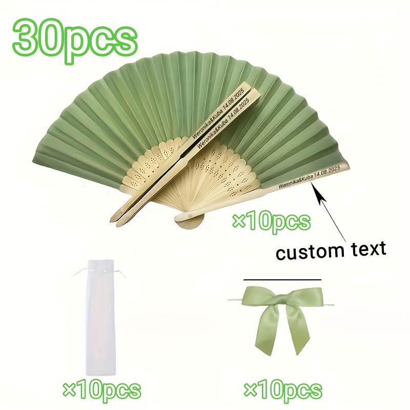 TEMU 30pcs/60pcs/90pcs Custom Wooden Wedding Fans - Engraved Names & Dates, Elegant Green Fabric Folding Fans For Weddings, Baptisms, Christmas,