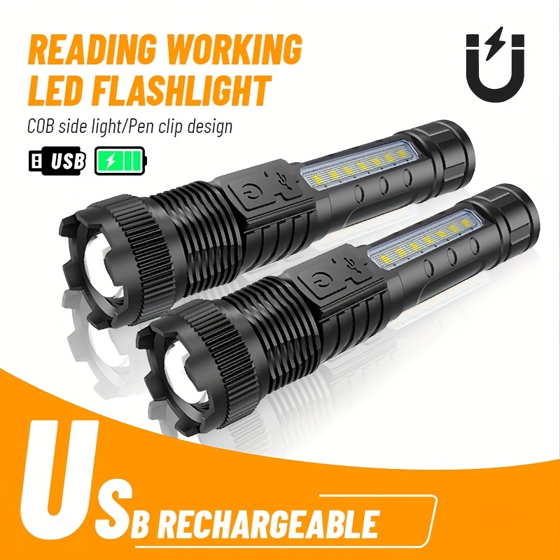 

2-pack Led Flashlight, Cob With Side Light & Magnet Base, Usb Rechargeable Handheld , 3 , Plastic Lamp Shade, Portable Abs Emergency Light For Reading, Working, Party