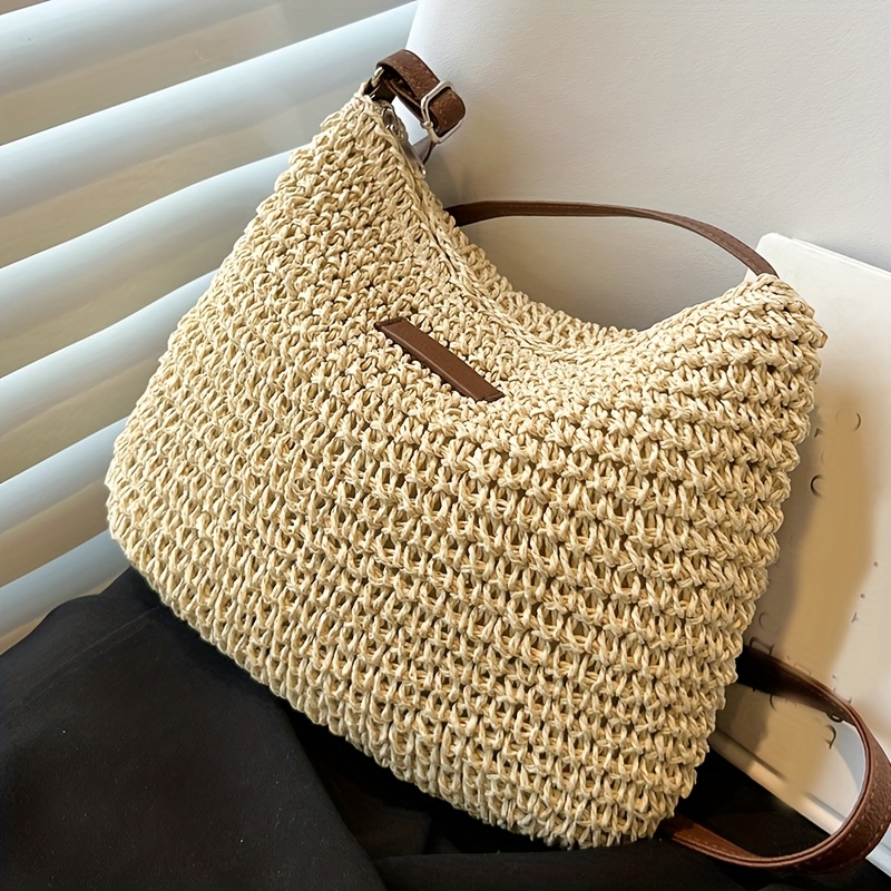 Image of Perfect Lily Bohemian Retro Woven Straw Shoulder Bag With Adjustable Strap & Zipper Closure - Light Beige/beige, Durable Fabric For Daily & Casual , Minimalist , Intricate Weaving, Sturdy Construction