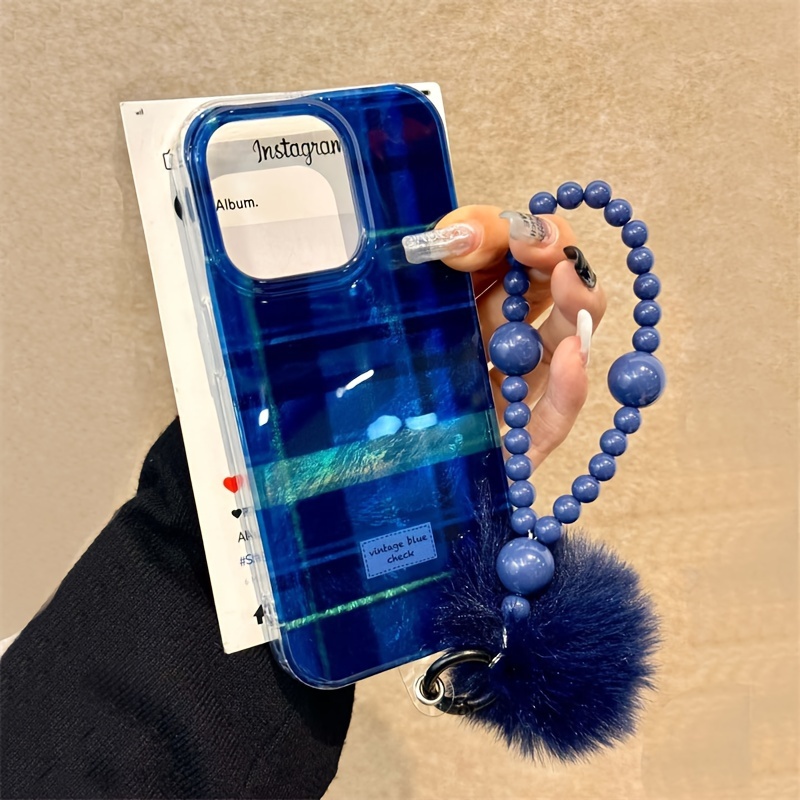 TEMU Phone Case: Pattern Splicing Grid Pattern Phone Case With Plush Ball Chain For Iphone 11 12 13 Pro Max