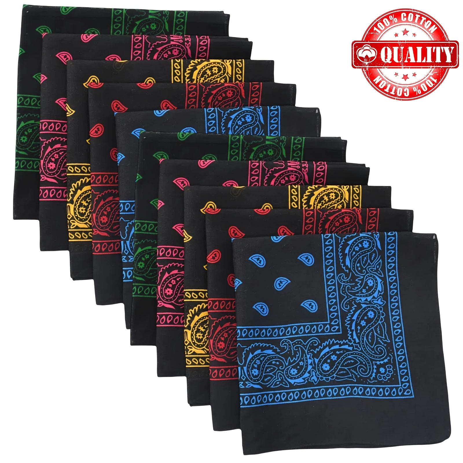 Image of 10pcs Head Wrap Headbands Cowboy Bandana, 100% Paisley Bandanas 21.2" X 21.2" For Men Women, For Gifts