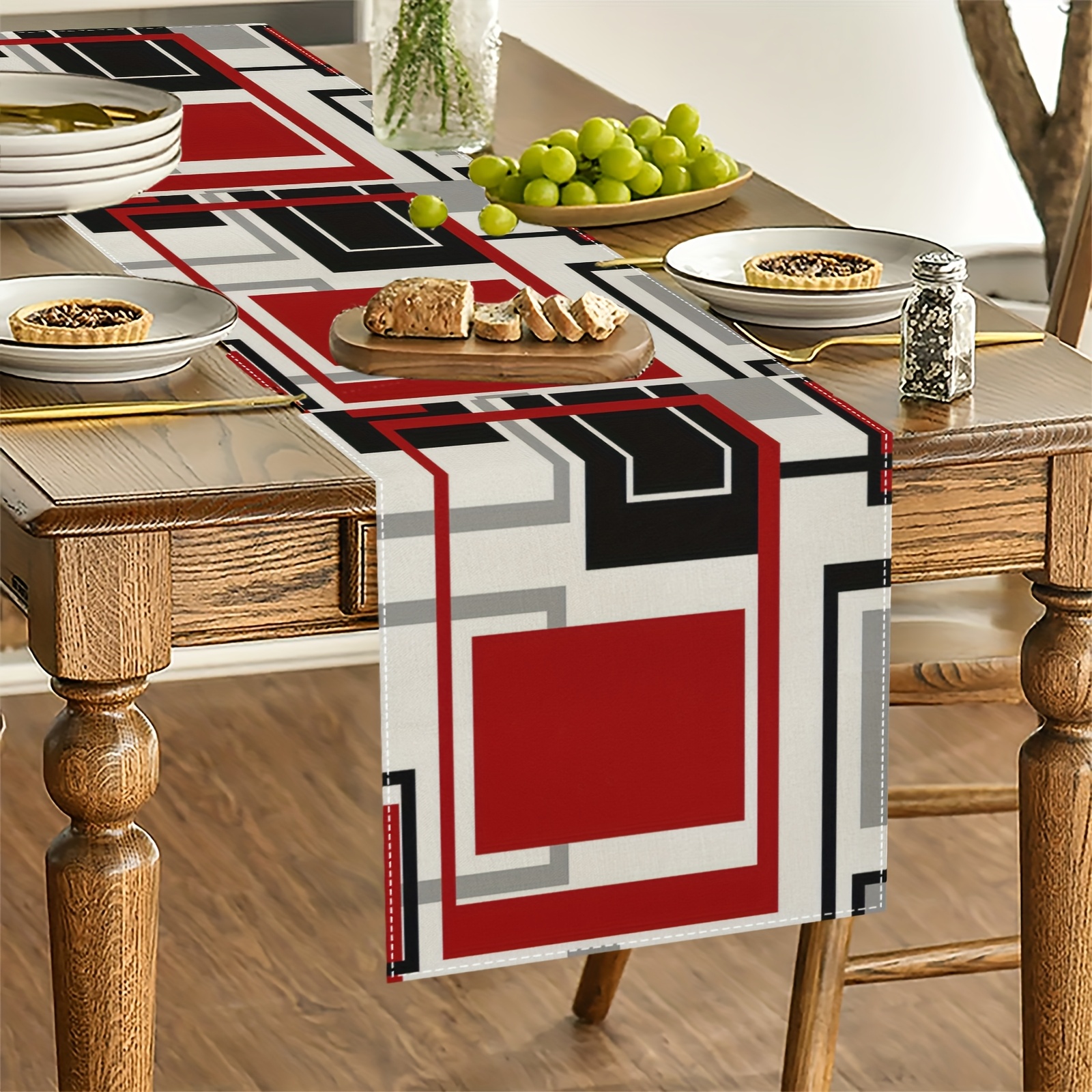 TEMU 1pc, Modern Geometric Table Runner Featuring Abstract Art In White, Red, And Gray Colors, Perfect For Party Decorations Or Everyday Dining