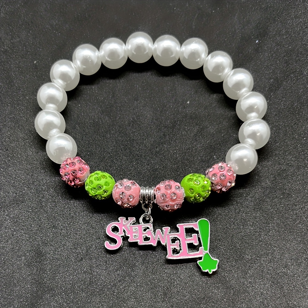 

Handmade Pink Green Sorority Society Skeewee Letter Enamel Metal Pendant White Simulated Pearl Beads Bracelet