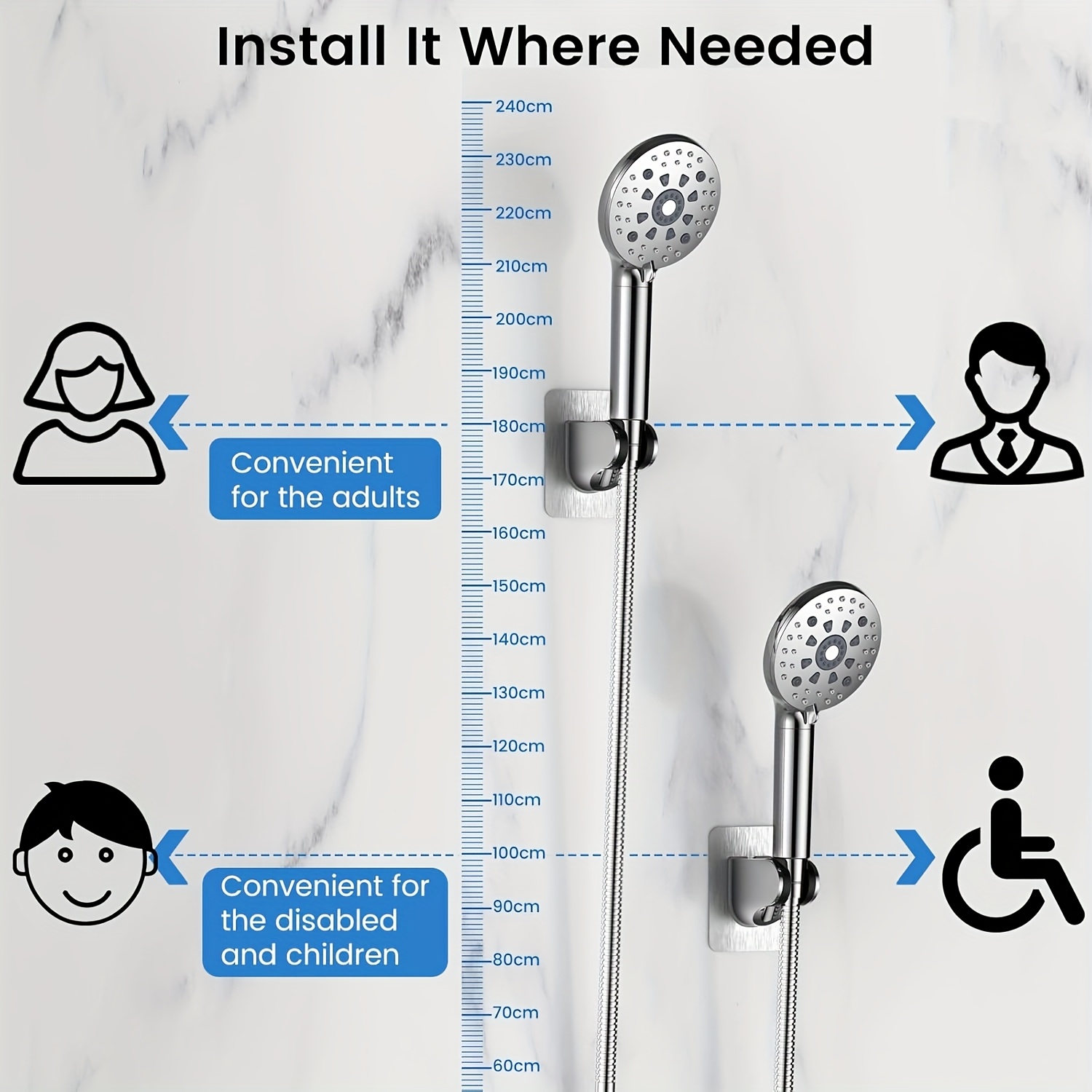 TEMU 2pcs Versatile Shower Head Holder, 3 Adjustable , No Drilling Strong Self-adhesive Wall Mount, Chrome-plated Abs, Sleek , Rust Resistant Durable
