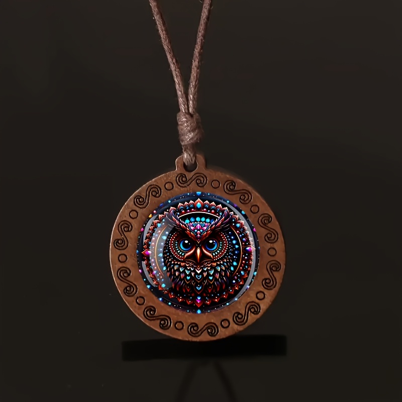Painted Owl Wooden Pendant Necklace, Vintage-style Gift