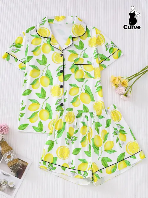 ladies two piece elegant polyester pajama set short sleeved button up top with shorts knitted fabric pocket details printed with suitable for couples adult pajama set