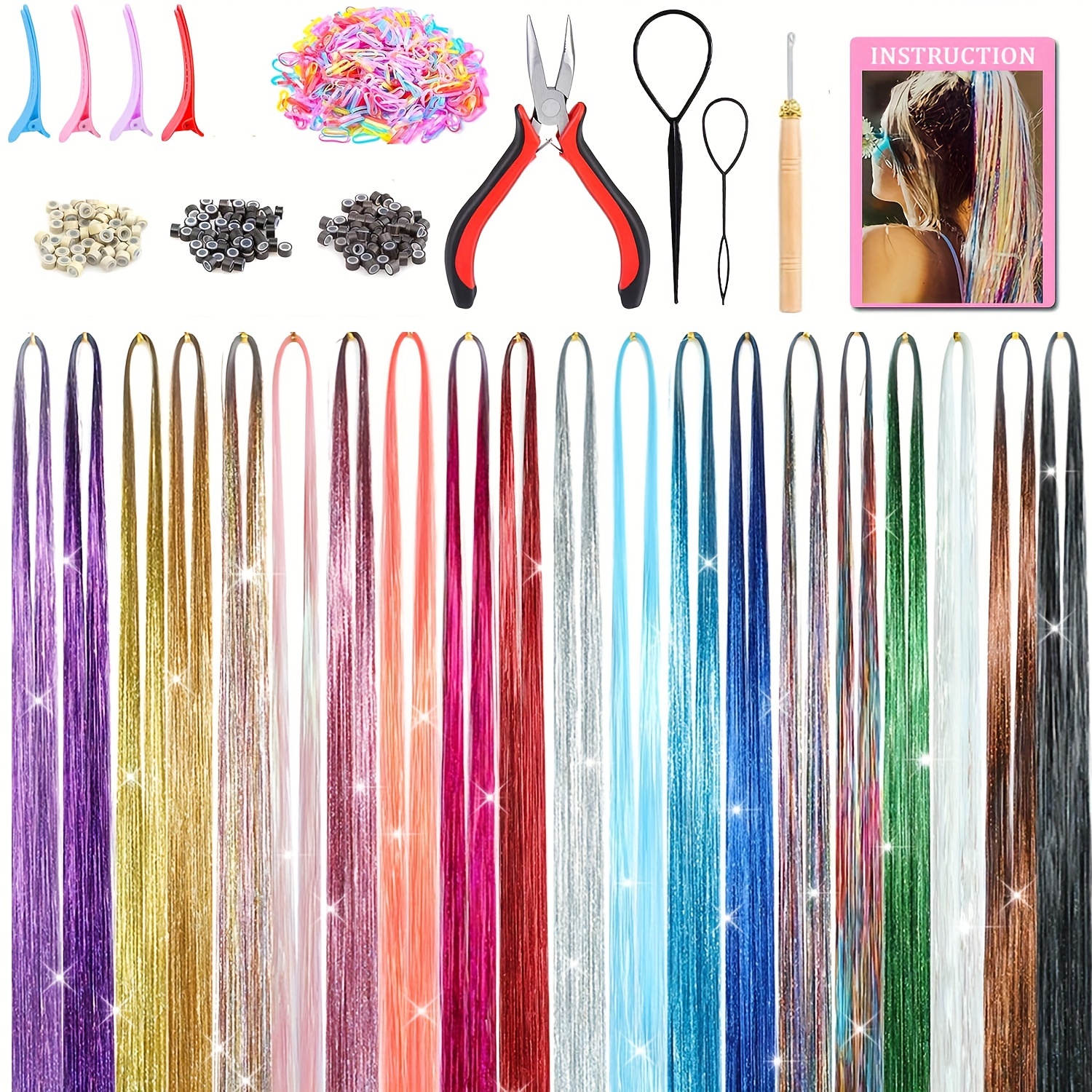 

6000 Strands Hair Tinsel Kit, 20 Colors, Glitter Heat-resistant Hair Extensions, Fairy Hair Sparkle Tool Set, For Women & Girls, Party Accessories