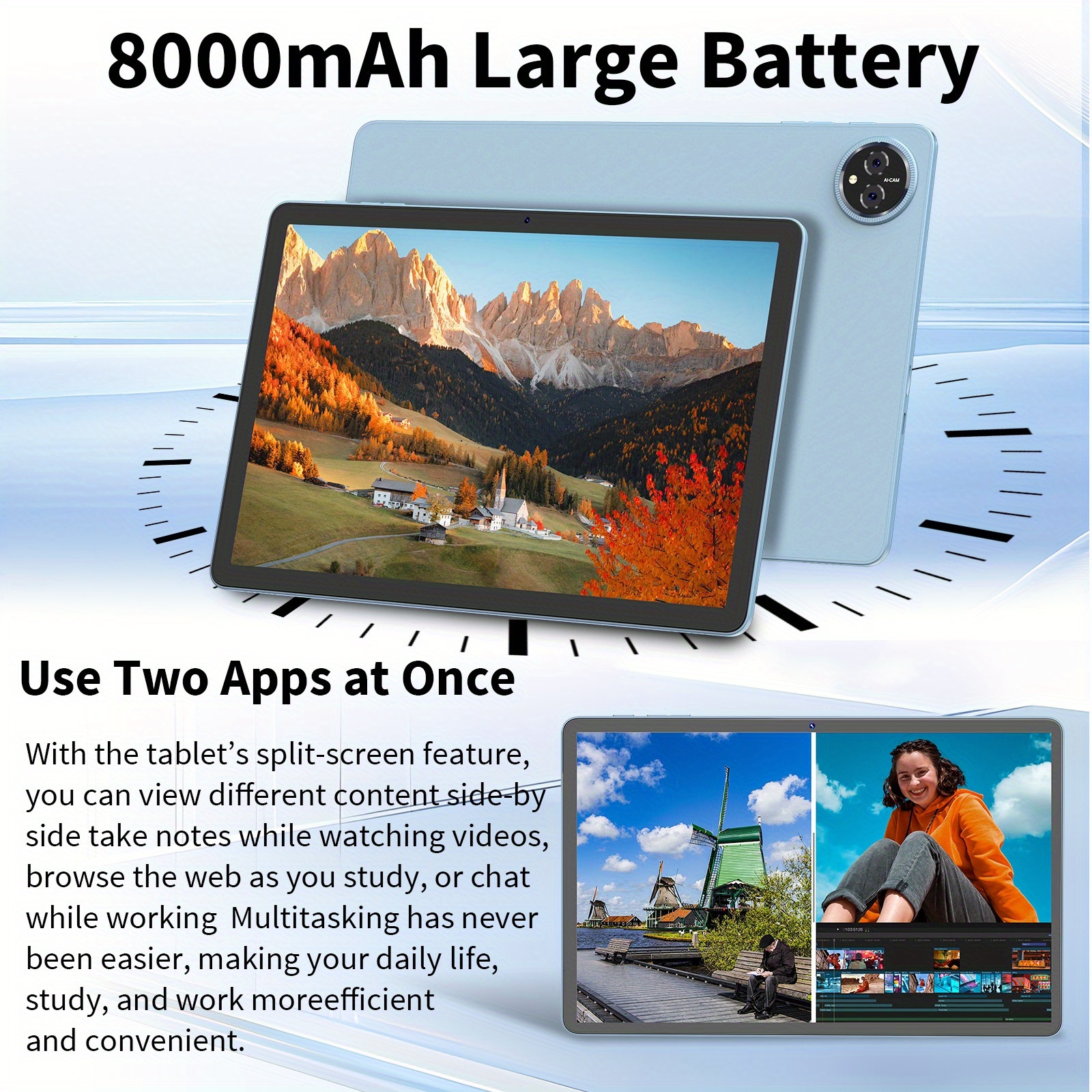 QDDQ Android 15 Tablet heeft een 11-inch display, 256GB opslag en 24GB aan RAM (6GB plus 18GB uitbreidbaar). Het heeft een 8000mAh batterij, dubbele camera's van 13MP en 5MP, een HD IPS touchscreen en Wifi-connectiviteit.