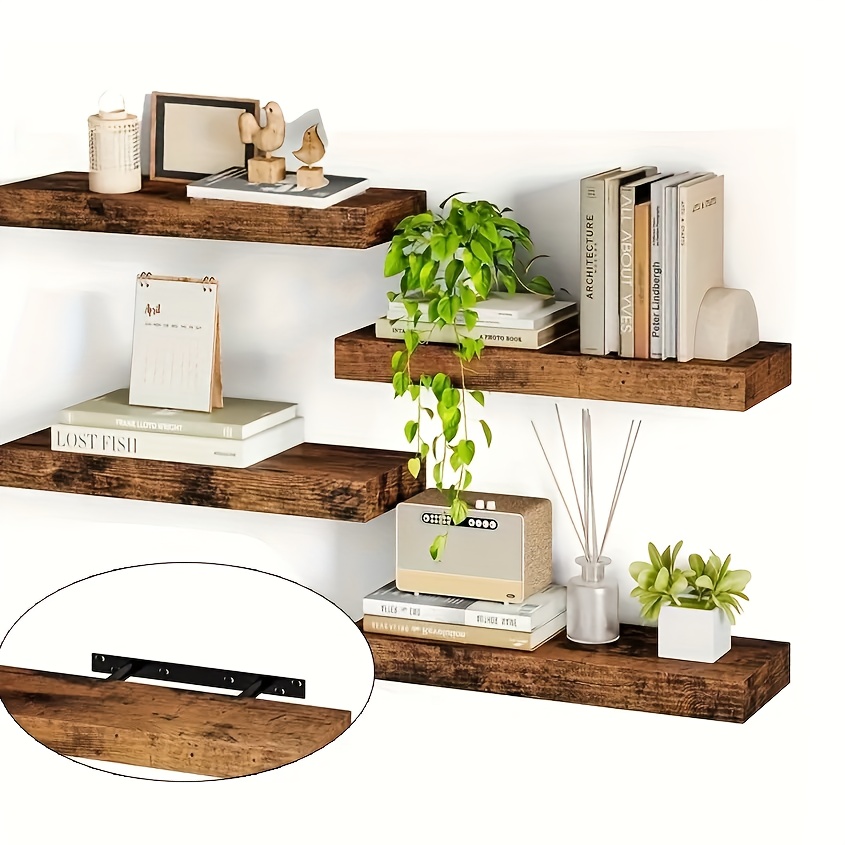 4pcs Vintage Wooden Floating Shelves Organizer, Rustic Wall Mounted Kit