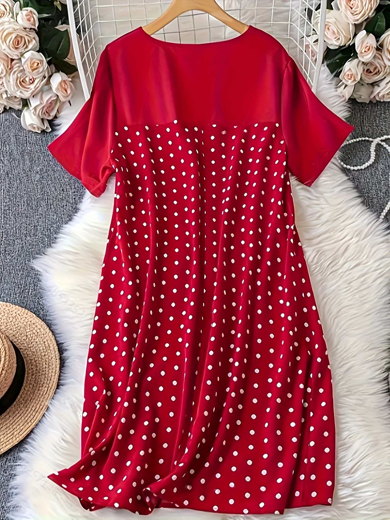 Plus Size Women's Loose Fit T-Shirt Dress Black with Red Polka Dots,  Round Neck Short Sleeve, Machine Washable Casual Dressy Wear, Versatile 