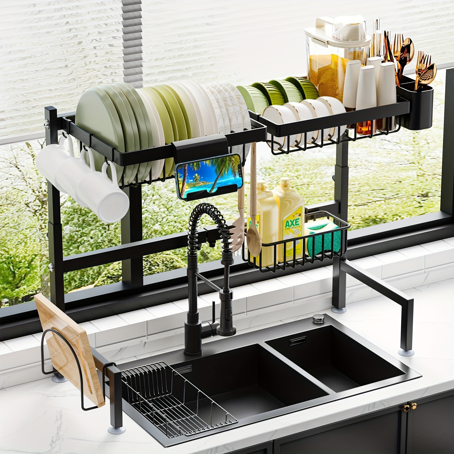 stainless steel over sink dish rack multi functional kitchen organizer with utensil holder drying rack knife slot and drainer for plate cup cutlery storage no food contact details 7