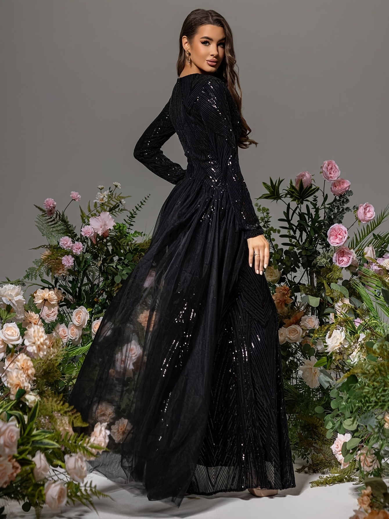 long sleeve black deep v neck sequin slit dress - Temu Bahrain
