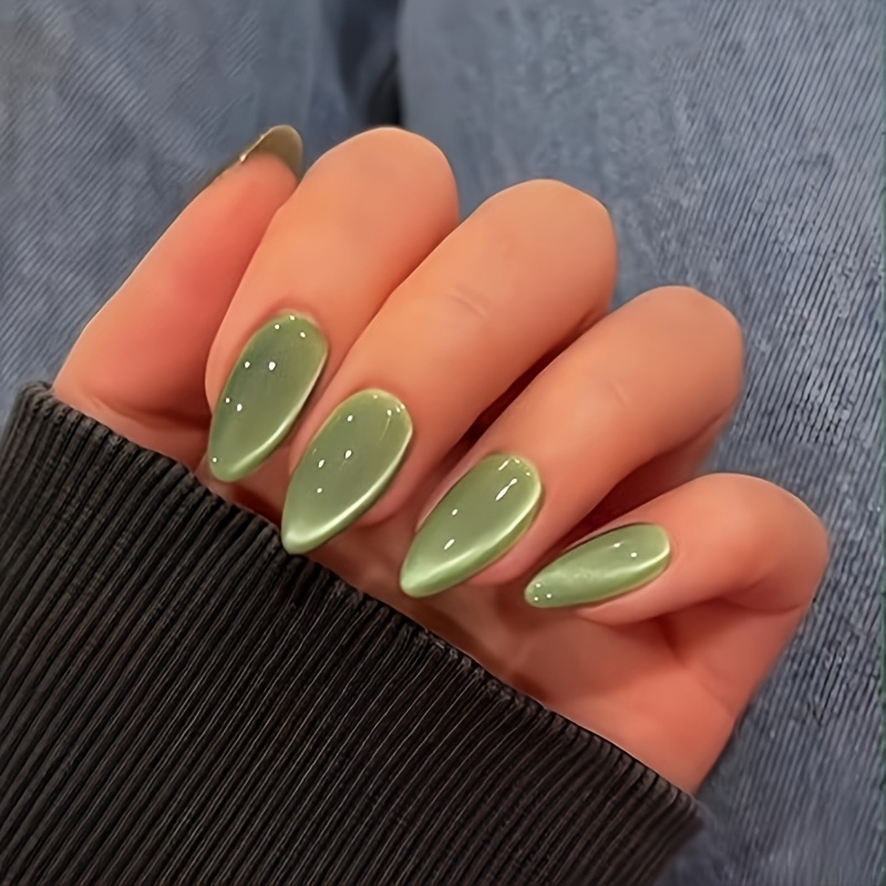 TEMU Cat Eye Grass Green Wearable Fake Nails, Almond Shape Press-on, 24pcs Glitter Fake Nails Medium Size, Cute For Women, Suitable For Parties And