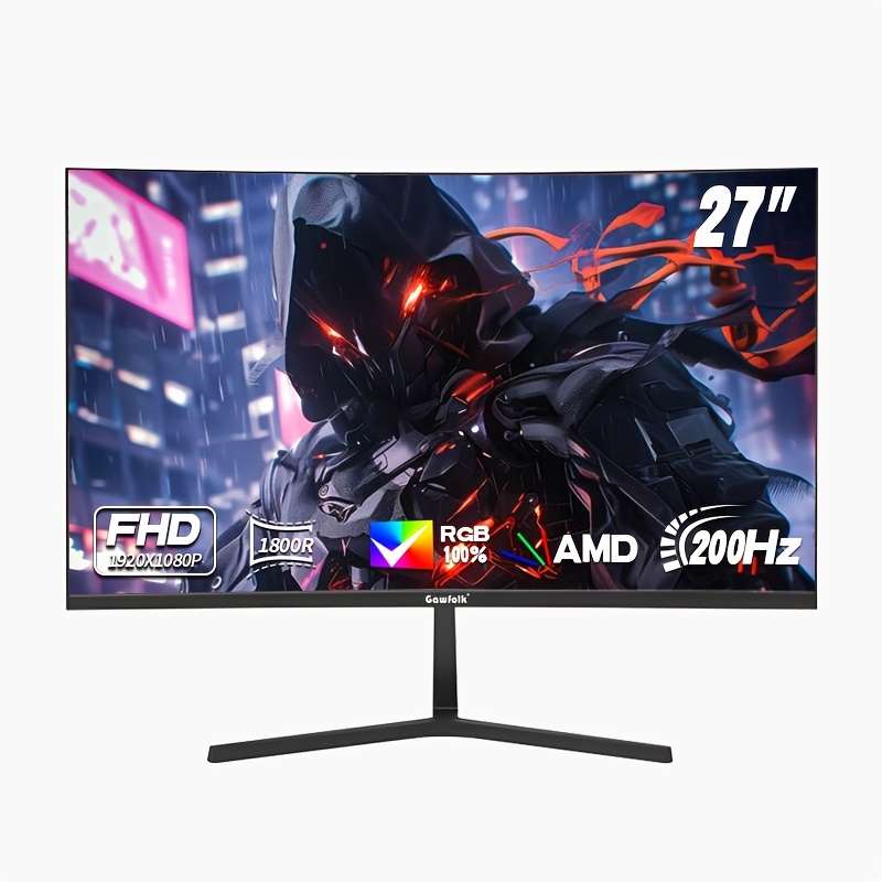 Image of Gawfolk 27 Inch Monitor, 200hz High Refresh Rate, 1800r , Built In Stereo Speakers, Black Fhd Computer Monitor, Amd Free Sync, Eye Care Screen, Hdtv, Dp Ports, Suitable For Gaming, Office And