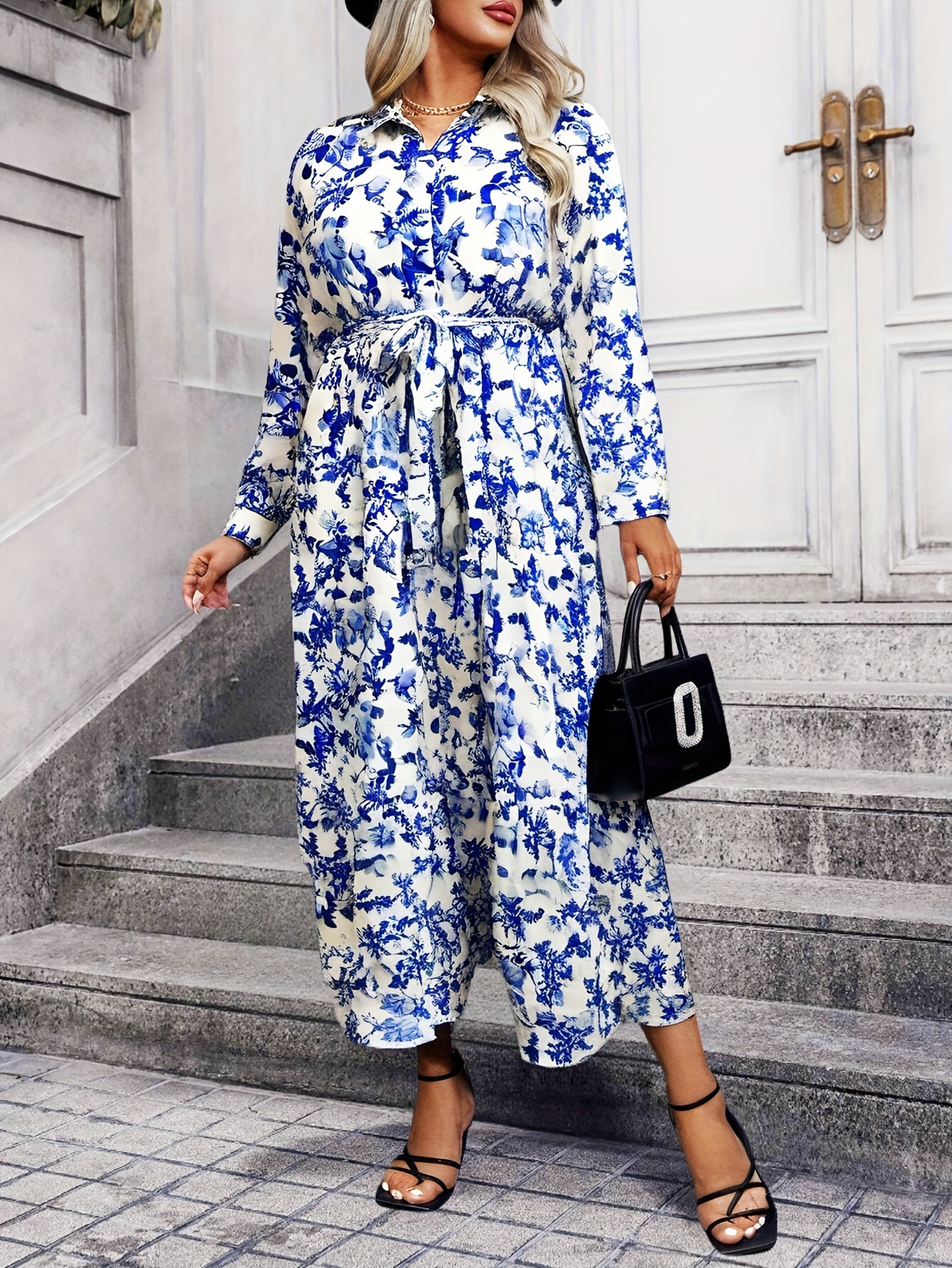 plus size floral print dress elegant long sleeve collared - Temu United  Arab Emirates