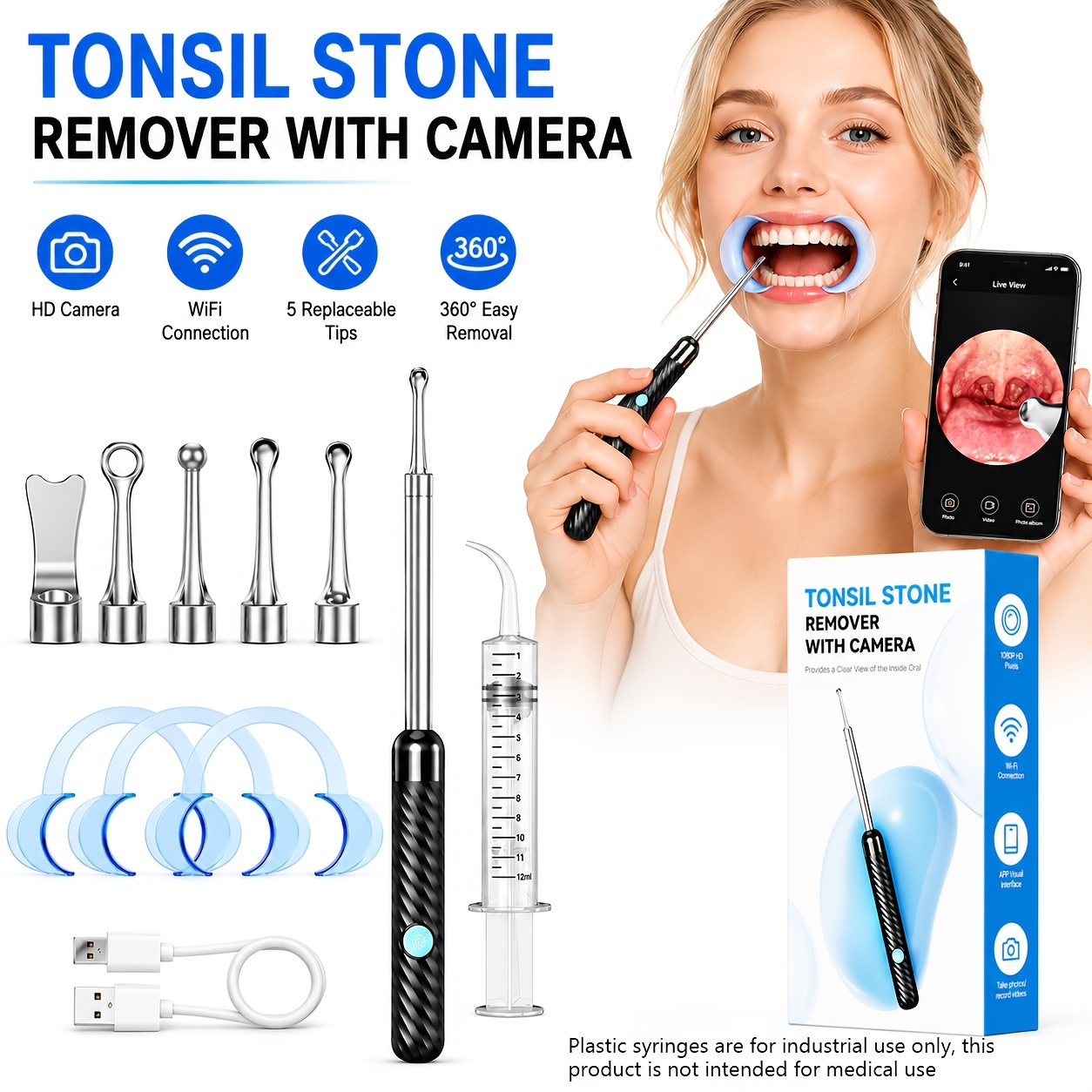 TEMU Tonsil Stone Remover With , Oral Cleaning, 1980p Hd & Throat Cleaner, 5 Replaceable Cleaning Heads, Wifi App Connection, Real-time Removal Kit