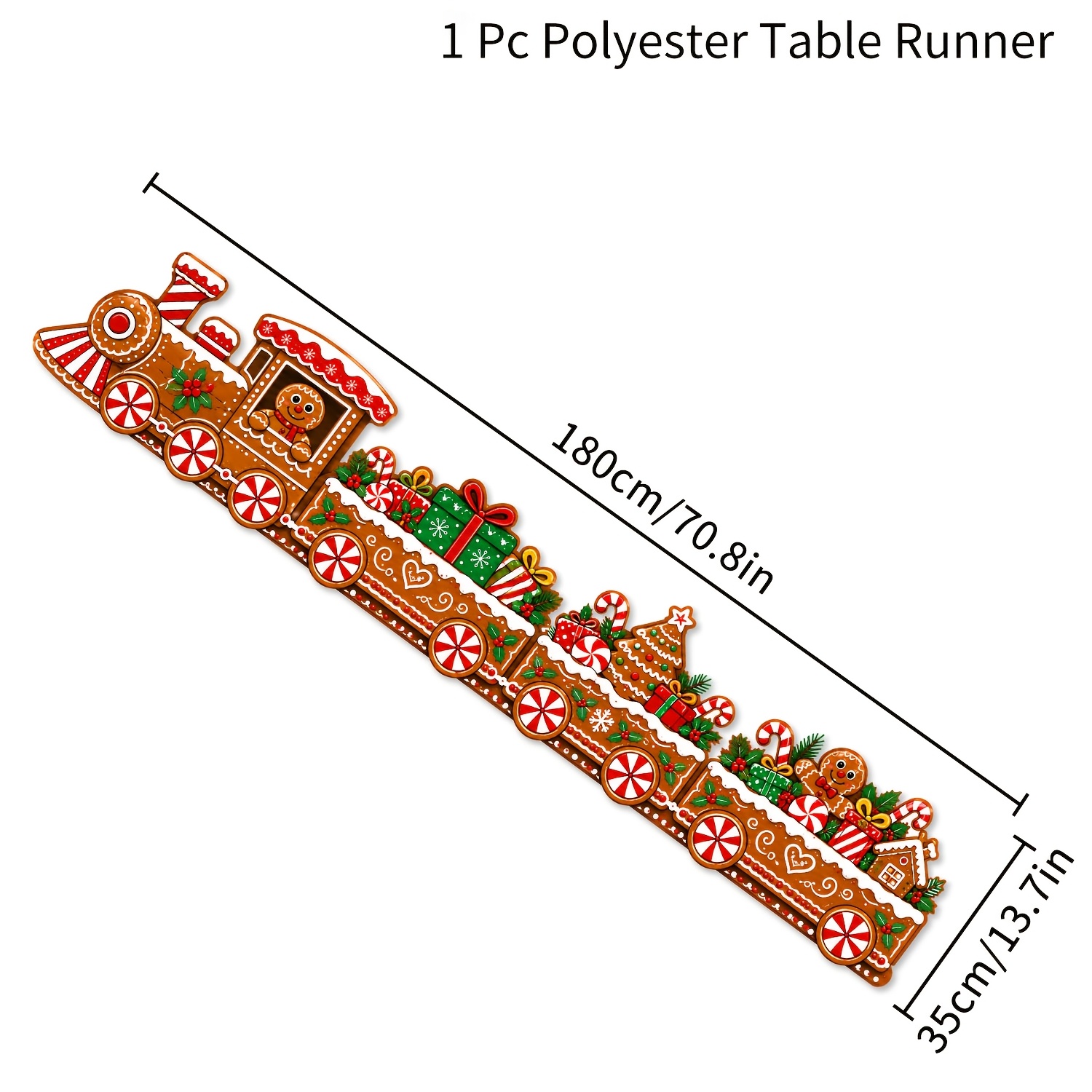TEMU Tischläufer, Weihnachts-Lebkuchen-Zug-Tischläufer, 2D flacher Polyesterstoff, Lebkuchenmann-Weihnachtsmann-Druck, unregelmäßige Form für