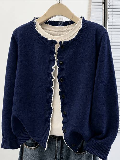 ruffle trim button front sweater cardigan 2026 fall winter new long sleeve casual cropped womens cardigan stylish and versatile pretty womens clothing