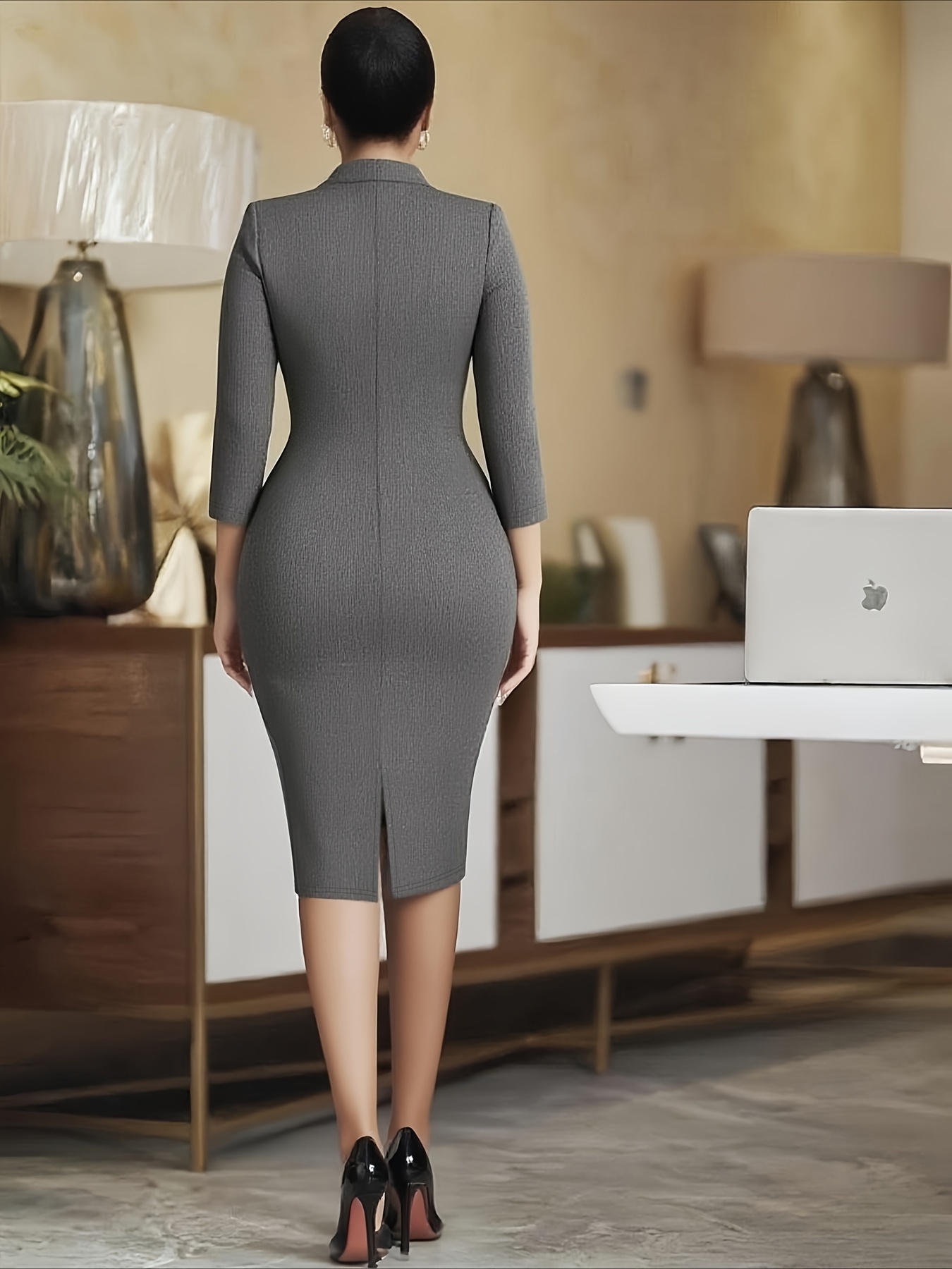 Elegant Mid-Length Dress with Straight Sleeves and Ribbon Detail | Comfortable and Stylish for Office Wear, Solid Color, Peak Lapels