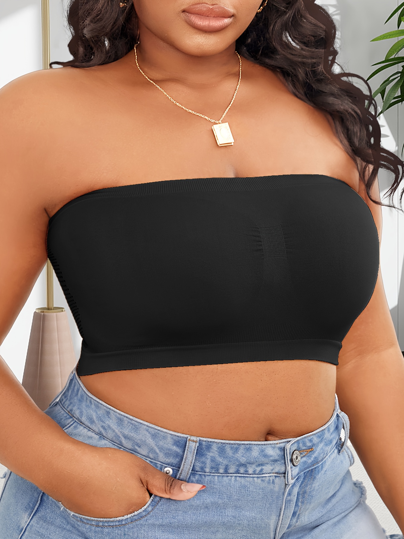 black strapless crop pattern wireless Temu Oman