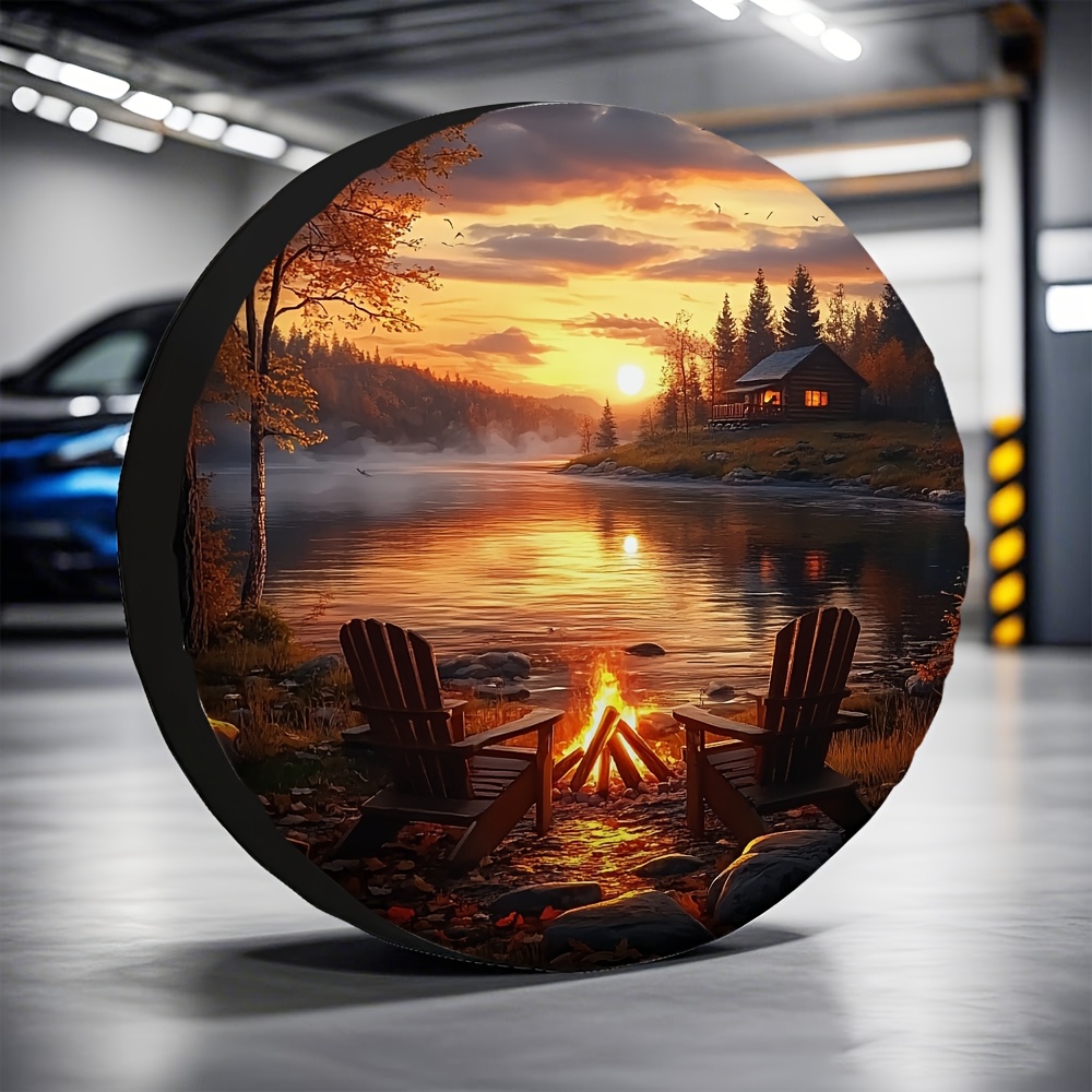 TEMU 2d Flat Universal Spare Tire Cover (1pc) - Country Creek Sunset Design, Durable 100% Polyester Fabric, Scenic Campfire And Cabin Print, ,