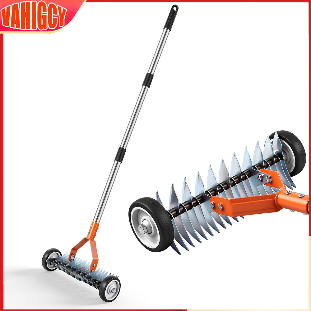 TEMU Lawn Scarifier Rake With Wheel - Multi-functional Adjustable Garden Rake | Heavy-duty Lawn And Garden Rake, Ergonomic Handle For Easy Weeding,