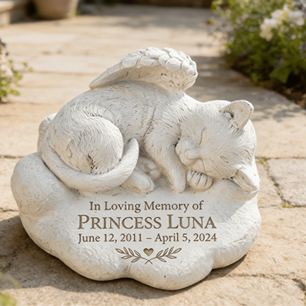 Personalized Cat Memorial Stone, White Cat Figurine for Garden
