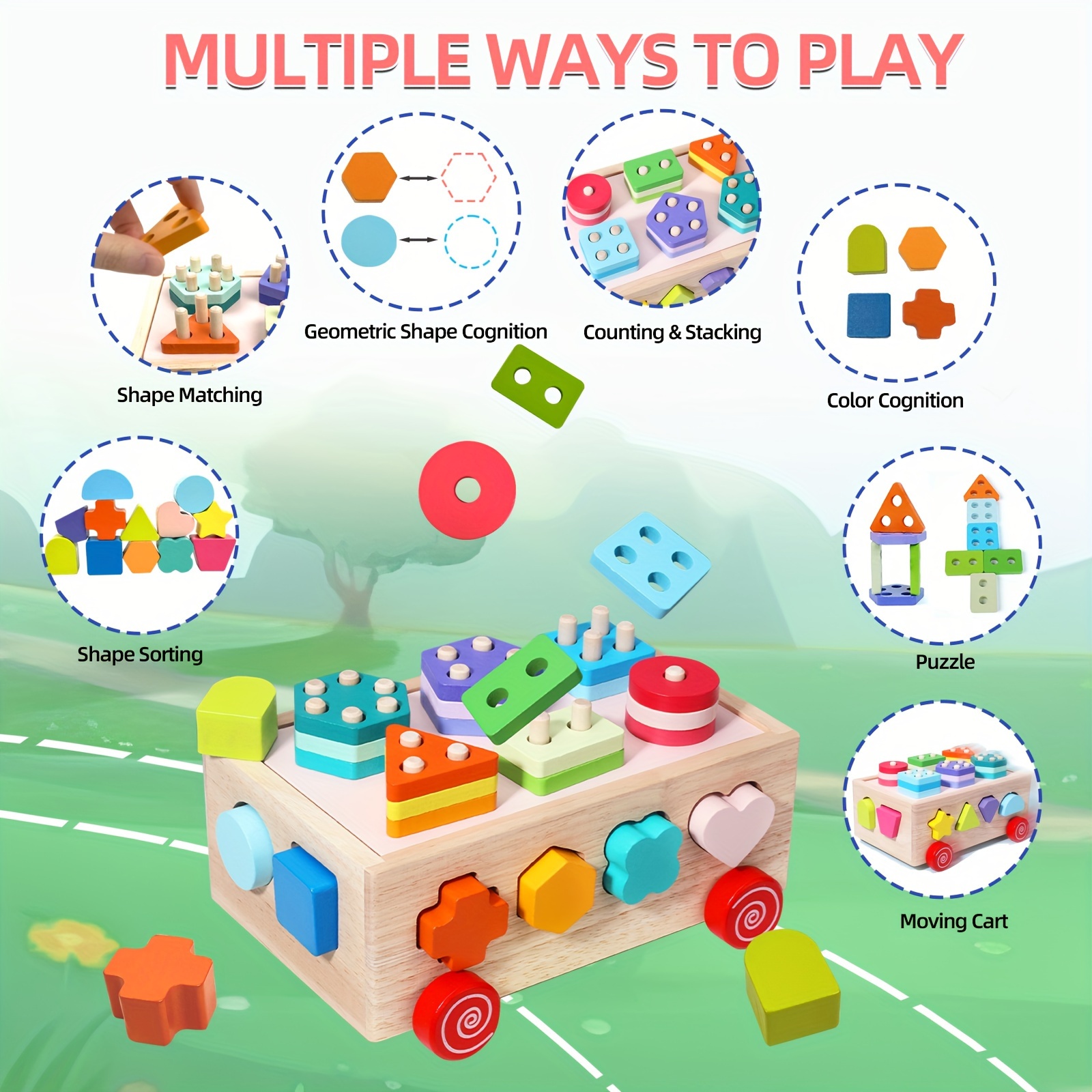 智能木制形状分类车玩具，幼儿教育积木套装，非常适合学前班学习，增强手眼协调能力和颜色形状识别，是男孩和女孩的理想生日和新年礼物 商品详情 1