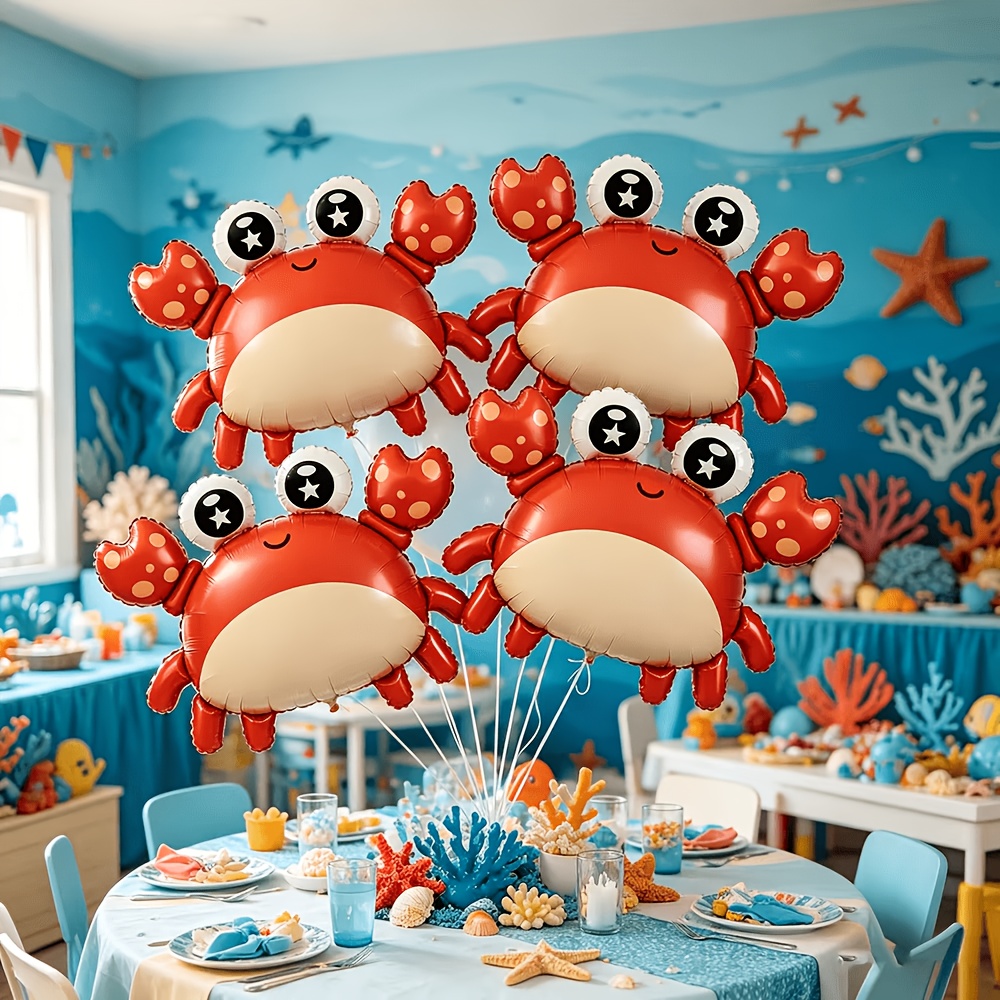 Image of 4pcs Cute Crab Foil Balloon, Large Ocean Animal Crab Balloon For Under The Sea Themed Party, Birthday, Baby Shower, Beach Party Decorations For Kids