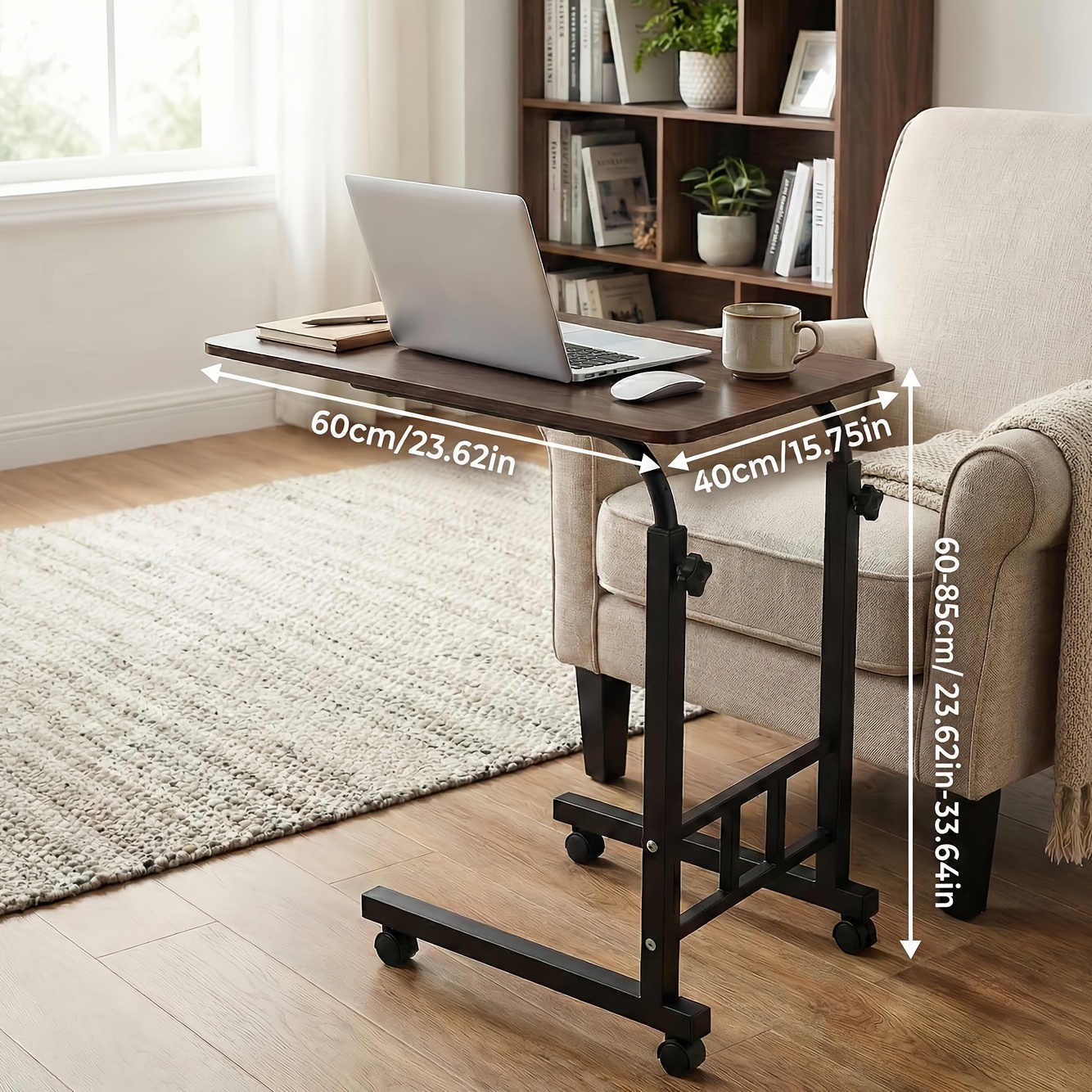 Adjustable Rolling Bedside Table with Wheels | C-Shaped Laptop Desk for Bed And Sofa, Small Mobile Overbed Table with Storage Shelves, Height Adjustable Nightstand for Home, Office And Living Room