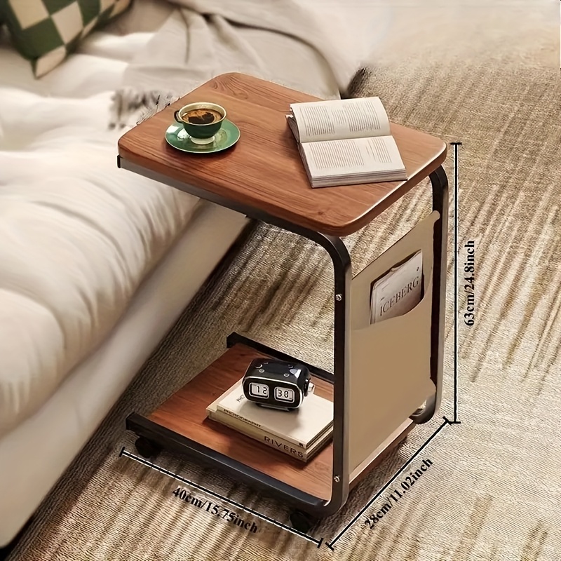 TEMU Side Table With Storage Pocket & Pulleys - Solid Wood & Metal Frame Modern Coffee Table, Bedside Table, Sofa Side Table With Rolling Casters -