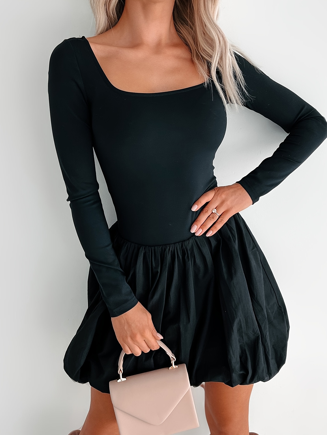 elegant square neck long sleeve flared mini dress women - Temu Cyprus
